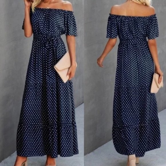. Dresses & Skirts - Boho polka-dot shoulder ruffle maxi dress blue